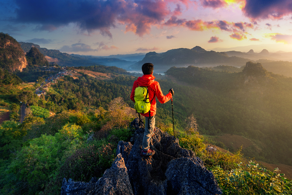 Trekking trail with hikers and backpacks